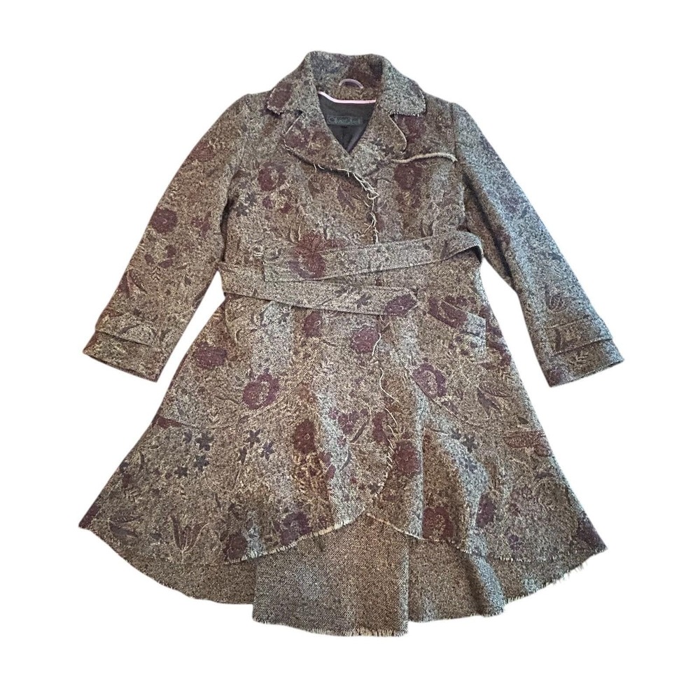 Olivier Strelli Coat 42 Brown Floral Tweed Wool Blend Raw Edge Belted Academia